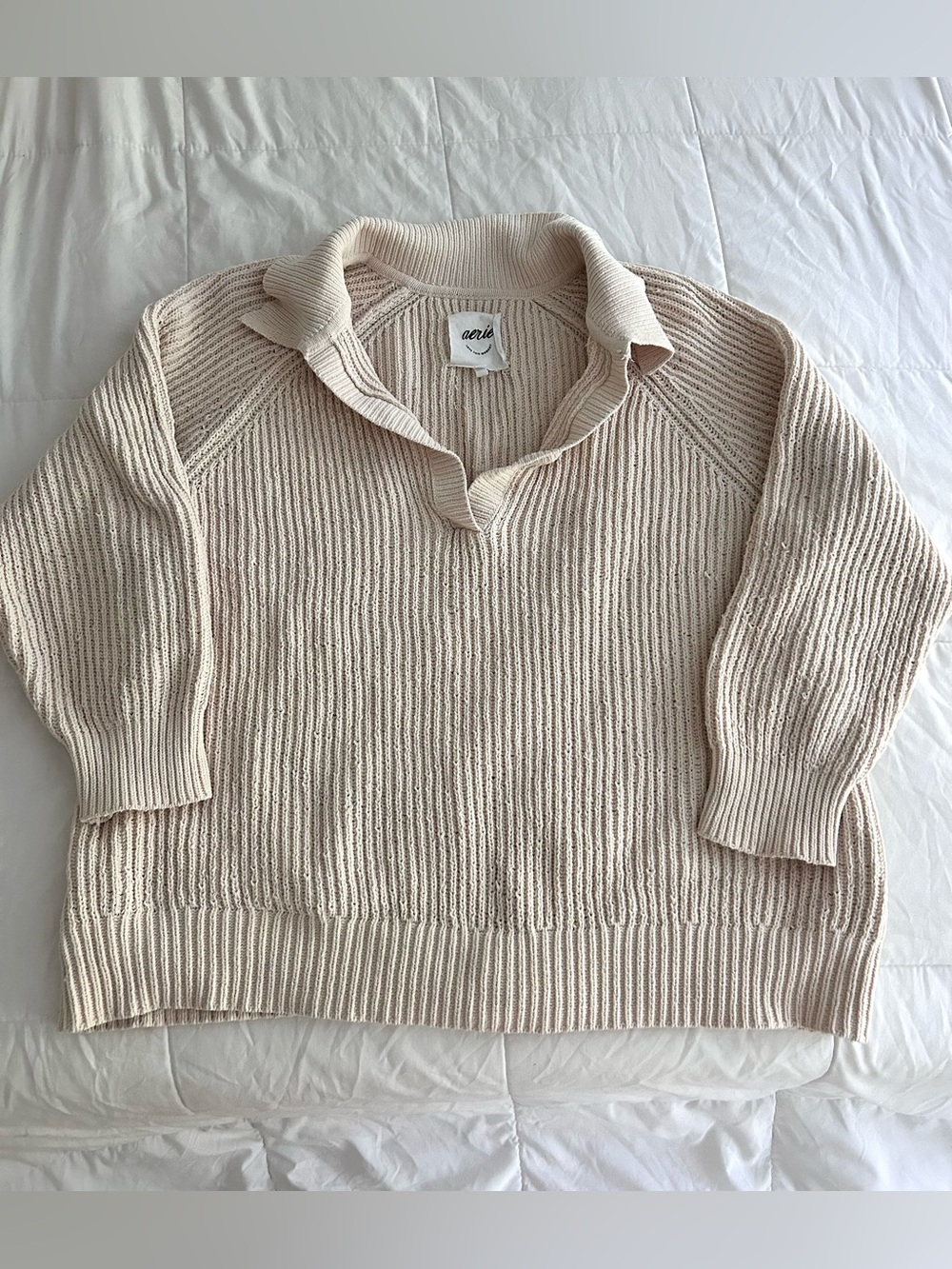 Aerie Cream Ribbed Collared V‑Neck Sweater, size large